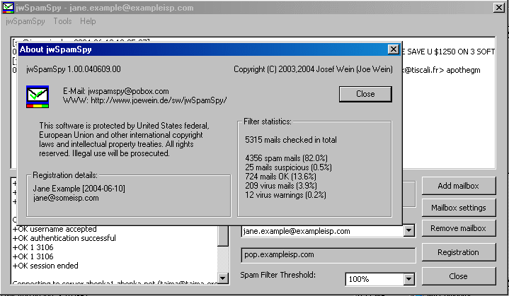 jwSpamSpy statistics of filter results